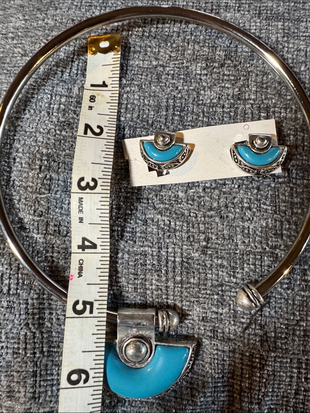 Silver-Tone Necklace & Clip On Earrings with Turquoise Crescent Accents - Picture 5 of 6